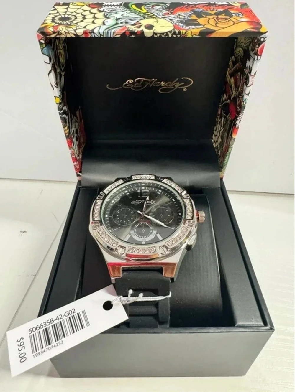 Ed Hardy Men's Silver Tone Watch with Silicone Band (Model: 50663SB-42-G02) NWT